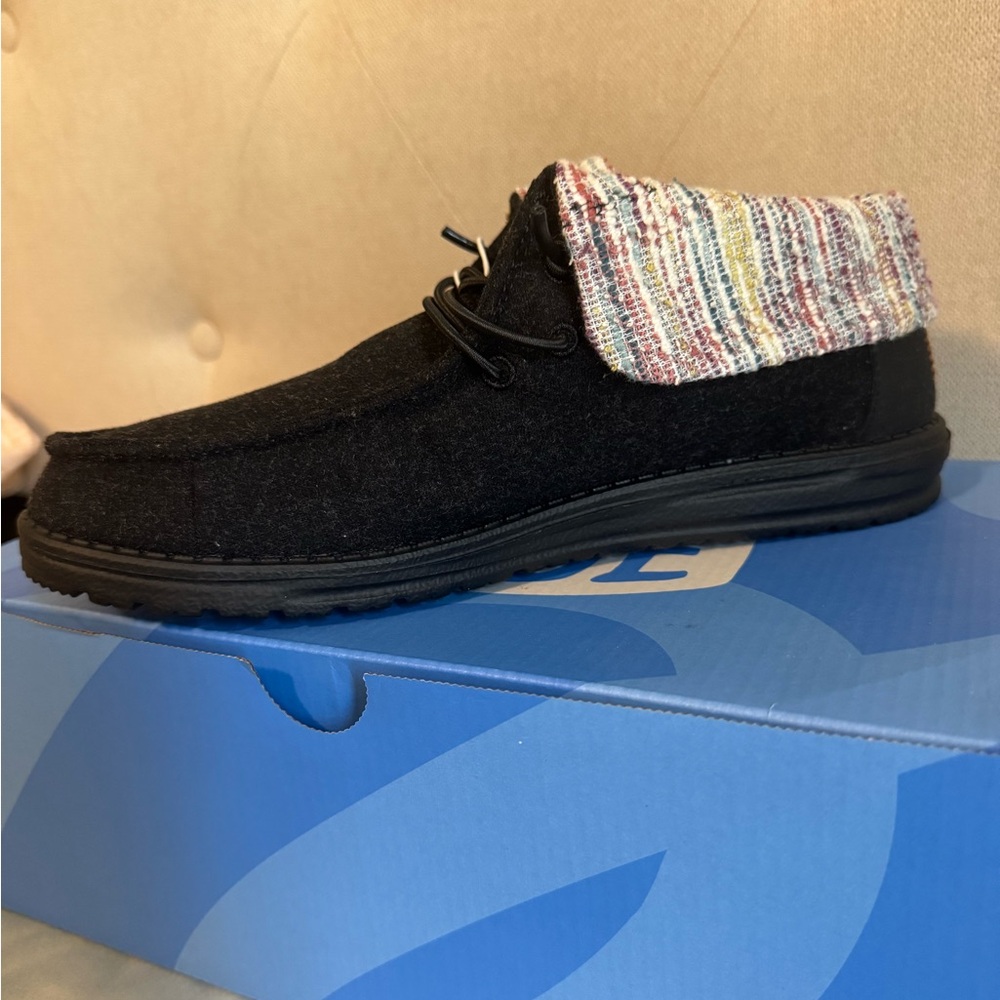 Hey Dude Black Loafer with Multicolor Knit Fold-Down Cuff